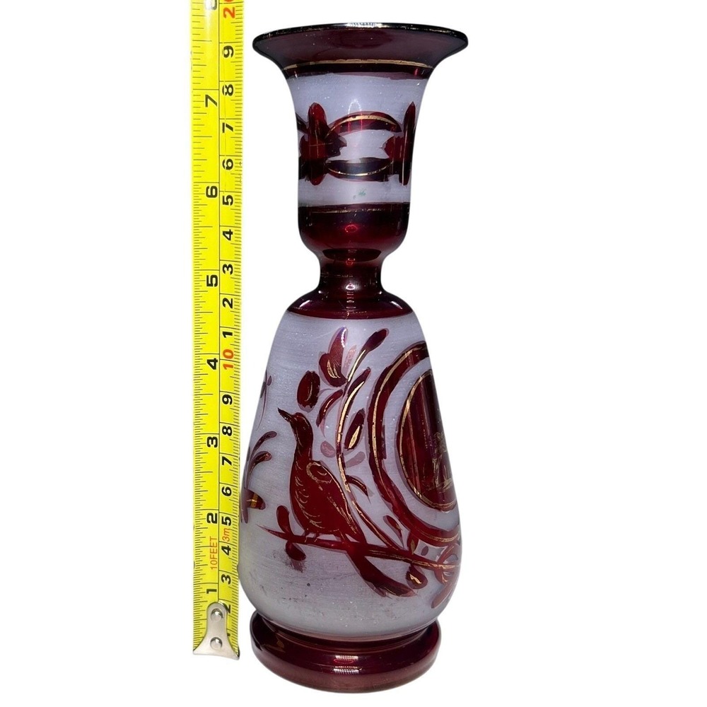 Ruby Red Bohemian Glass Vase Gold Deer and Bird Design‎ Bud Vase Decor Handblown - Picture 2 of 14